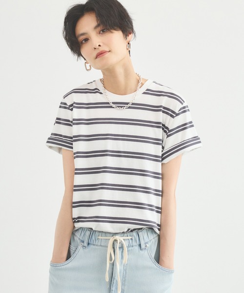 BARNYARDSTORM(バンヤードストーム)の「BARNYARDSTORM / WボーダーコットンTシャツ/マシンウォッシャブル(Tシャツ/カットソー・レディース・ホワイト/ネイビー・S/M)」の3枚目の写真