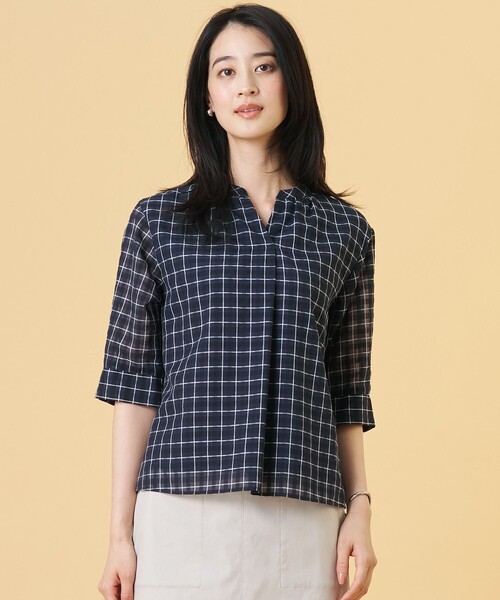 J.PRESS Ladies(J.プレス レディス)の「シズルチェック バンドカラー カットソー(Tシャツ/カットソー・レディース・ベージュ系3/ダークグリーン系3/ネイビー系3・SMALL)」の3枚目の写真