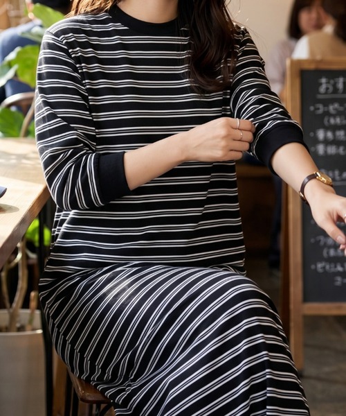 umune(ウムネ)の「ゆるっとシルエットがたまらない♪大人可愛いカジュアルなボーダー柄ロングワンピース(ワンピース・レディース・オフホワイト/ブラック・FREE)」の8枚目の写真