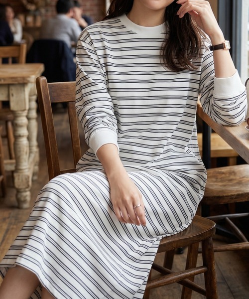 umune(ウムネ)の「ゆるっとシルエットがたまらない♪大人可愛いカジュアルなボーダー柄ロングワンピース(ワンピース・レディース・オフホワイト/ブラック・FREE)」の17枚目の写真
