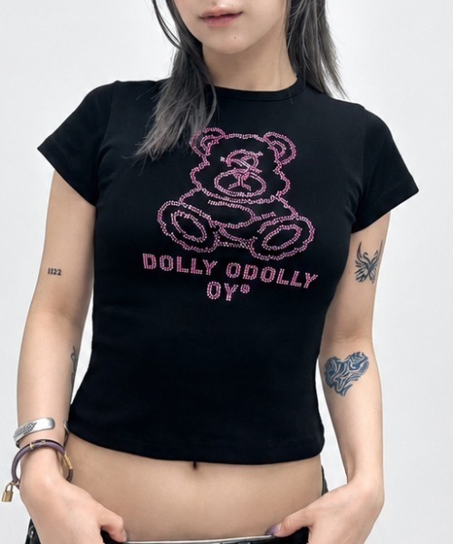 OY(オーワイ)の「『OY/オーワイ』RHINESTONE ODOLLY CROP TEE/ラインストーンオードリークロップ Tシャツ(Tシャツ/カットソー・レディース・ブラック・FREE)」の2枚目の写真