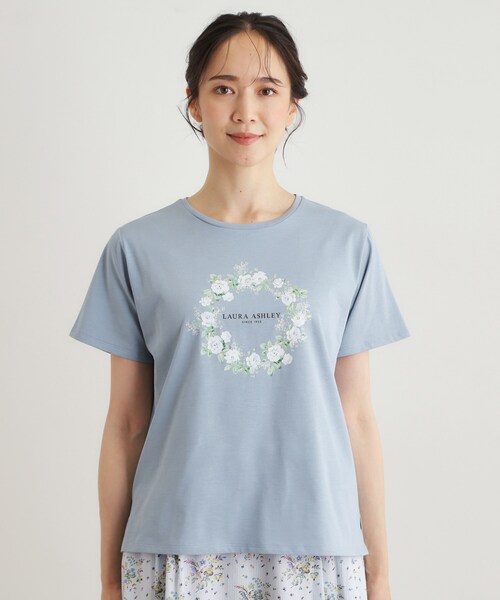 LAURA ASHLEY(ローラアシュレイ)の「【コットン100%/洗える】リースフローラル プリントTシャツ(Tシャツ/カットソー・レディース・サックスブルー/ネイビー/オフホワイト・38/40)」の16枚目の写真