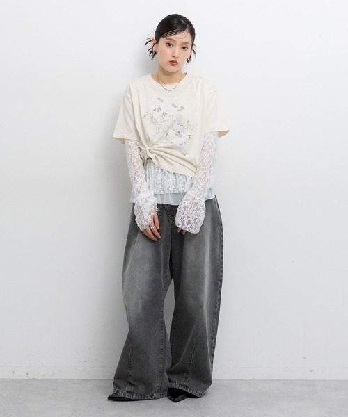 RAGEBLUE(レイジブルー)の「フラワーモチーフTシャツ(Tシャツ/カットソー・レディース・ダークグレー/オフホワイト・FREE)」の8枚目の写真