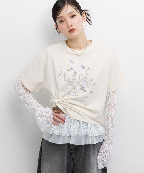 RAGEBLUE(レイジブルー)の「フラワーモチーフTシャツ(Tシャツ/カットソー・レディース・ダークグレー/オフホワイト・FREE)」の10枚目の写真