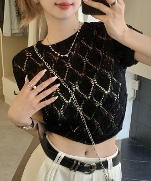 GLAMOROUS JANE(グラマラスジェーン)の「バックリボン透かし編み半袖ニット(ニット/セーター・レディース・ホワイト/ブラック・FREE)」の1枚目の写真