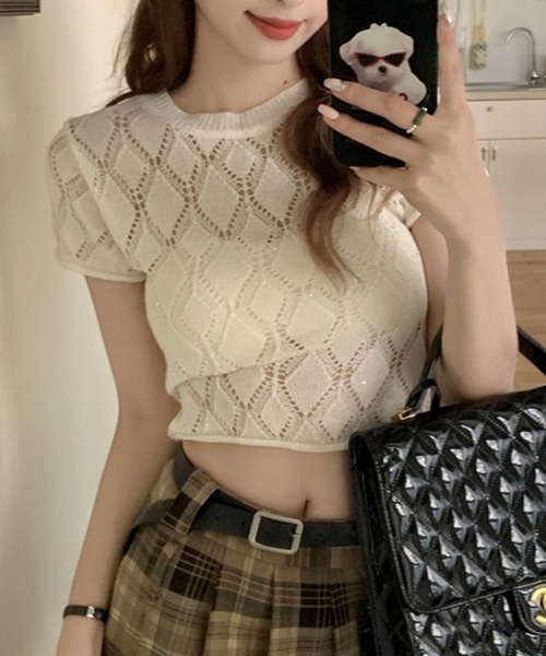 GLAMOROUS JANE(グラマラスジェーン)の「バックリボン透かし編み半袖ニット(ニット/セーター・レディース・ホワイト/ブラック・FREE)」の13枚目の写真