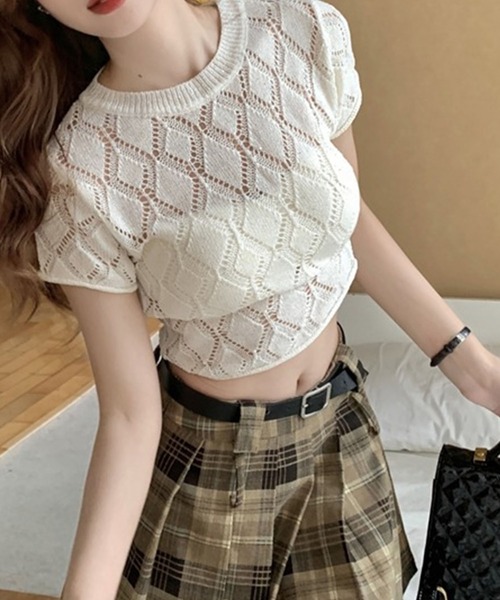 GLAMOROUS JANE(グラマラスジェーン)の「バックリボン透かし編み半袖ニット(ニット/セーター・レディース・ホワイト/ブラック・FREE)」の15枚目の写真