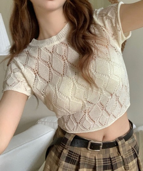 GLAMOROUS JANE(グラマラスジェーン)の「バックリボン透かし編み半袖ニット(ニット/セーター・レディース・ホワイト/ブラック・FREE)」の8枚目の写真