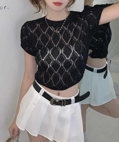 GLAMOROUS JANE(グラマラスジェーン)の「バックリボン透かし編み半袖ニット(ニット/セーター・レディース・ホワイト/ブラック・FREE)」の5枚目の写真