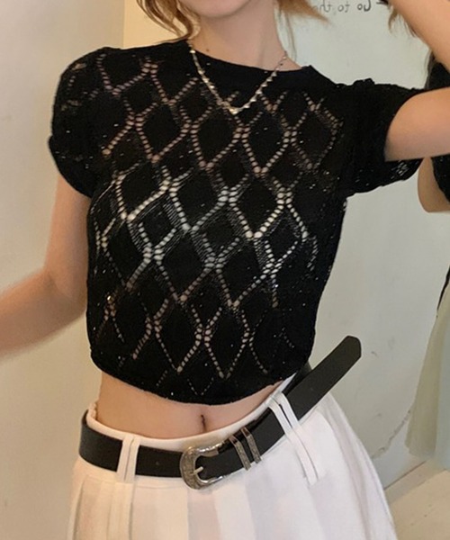 GLAMOROUS JANE(グラマラスジェーン)の「バックリボン透かし編み半袖ニット(ニット/セーター・レディース・ホワイト/ブラック・FREE)」の14枚目の写真