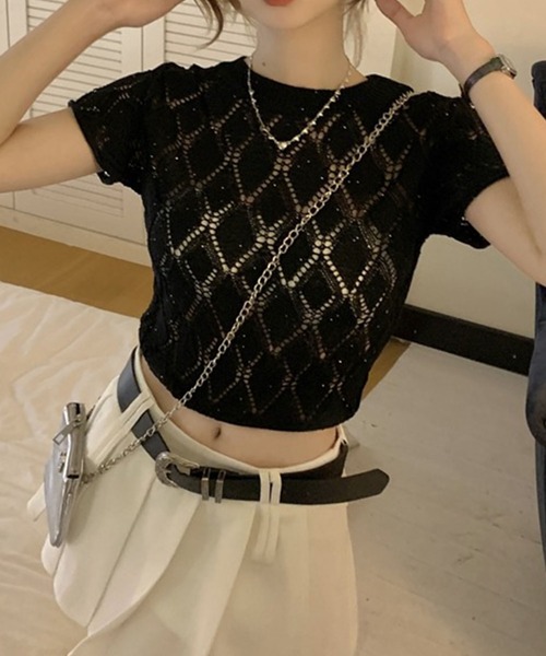GLAMOROUS JANE(グラマラスジェーン)の「バックリボン透かし編み半袖ニット(ニット/セーター・レディース・ホワイト/ブラック・FREE)」の18枚目の写真
