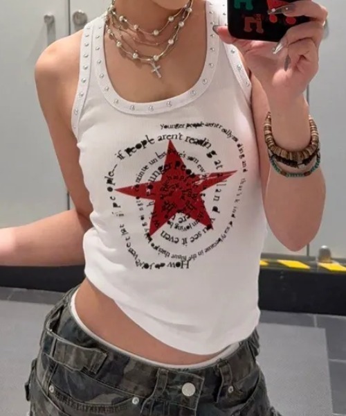 SHEPP(シープ)の「スターサークルロゴ スタッズタンクトップ ノースリーブ(タンクトップ・レディース・ブラック/ホワイト・L/M)」の2枚目の写真