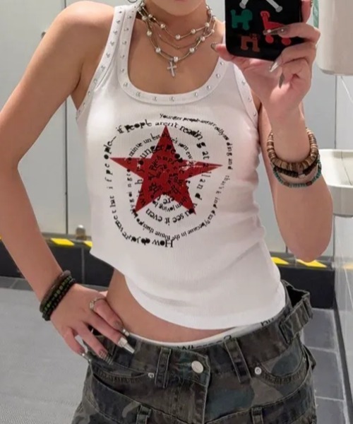 SHEPP(シープ)の「スターサークルロゴ スタッズタンクトップ ノースリーブ(タンクトップ・レディース・ブラック/ホワイト・L/M)」の4枚目の写真
