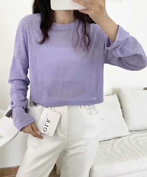 deux amour(ドゥーザムール)の「シアー長袖クロップド丈トップス(Tシャツ/カットソー・レディース・イエロー/ホワイト/ブラック/ブルー/ライトグリーン/エメラルド/ラベンダー・FREE)」の7枚目の写真