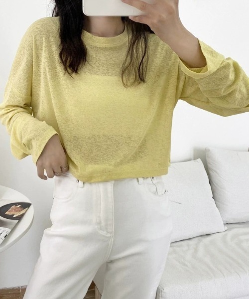 deux amour(ドゥーザムール)の「シアー長袖クロップド丈トップス(Tシャツ/カットソー・レディース・イエロー/ホワイト/ブラック/ブルー/ライトグリーン/エメラルド/ラベンダー・FREE)」の1枚目の写真
