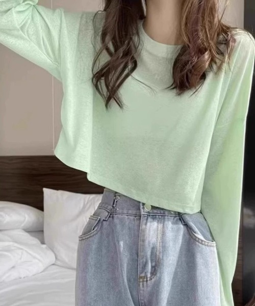 deux amour(ドゥーザムール)の「シアー長袖クロップド丈トップス(Tシャツ/カットソー・レディース・イエロー/ホワイト/ブラック/ブルー/ライトグリーン/エメラルド/ラベンダー・FREE)」の4枚目の写真