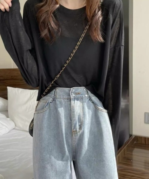 deux amour(ドゥーザムール)の「シアー長袖クロップド丈トップス(Tシャツ/カットソー・レディース・イエロー/ホワイト/ブラック/ブルー/ライトグリーン/エメラルド/ラベンダー・FREE)」の10枚目の写真