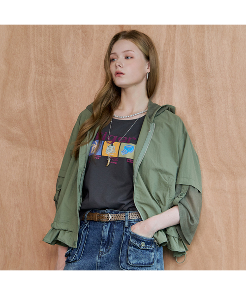 MAXZA(マージャコレクション)の「メッシュ配色ストリングフリルフードジャケット(ナイロンジャケット・レディース・カーキ/グレー/ブラック・FREE)」の1枚目の写真