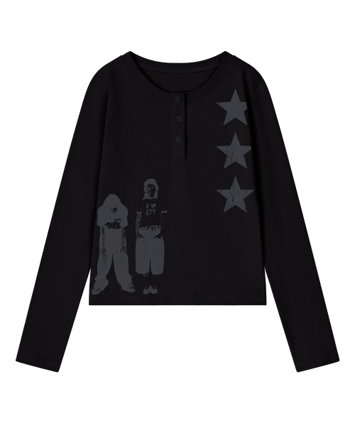 GRAVER（グレーバー）の「[UNISEX]STAR3 ヘンリーネック ロングスリーブ Tシャツ_Black（Tシャツ/カットソー・レディース・ブラック・LARGE/MEDIUM）」の6枚目の写真