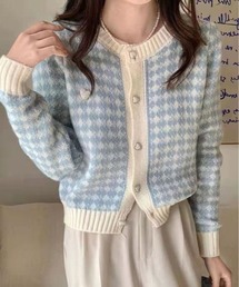 ニュアンスチェックハートボタンニットカーディガン