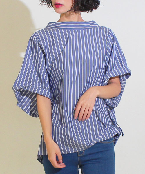 ストライプ ワイド シャツ 2色 ロールアップスリーブ 夏 nr9939 セール】【2サイズ展開】ROLL UP SLEEVE TOPS ロールアップ