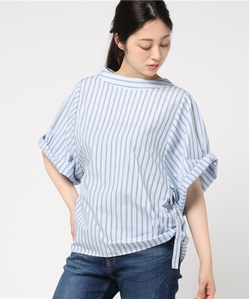 ストライプ ワイド シャツ 2色 ロールアップスリーブ 夏 nr9939 タックスリーブストライプトップス(カットソー・Tシャツ