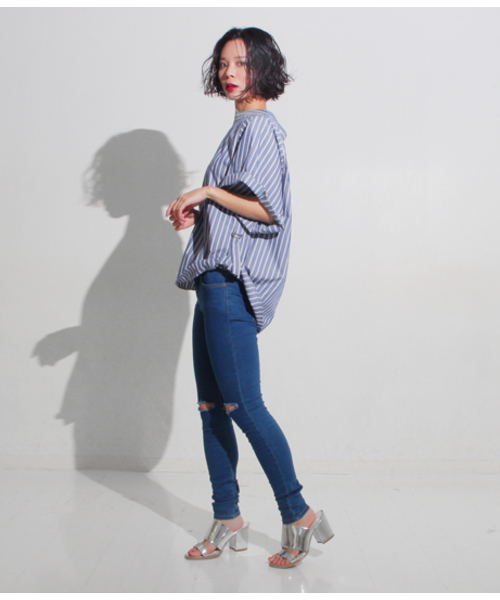 ストライプ ワイド シャツ 2色 ロールアップスリーブ 夏 nr9939 セール】【2サイズ展開】ROLL UP SLEEVE TOPS ロールアップ