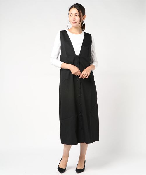 flower（フラワー）の「ボタンエプロンワンピース（ワンピース・レディース・ベージュ/ブラック・FREE）」の5枚目の写真