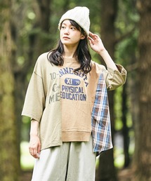 CUBE SUGAR（キューブシュガー）の「OE天竺 パウダー加工 チェック 切替 7分袖 クルーネック Tシャツ（Tシャツ/カットソー）」