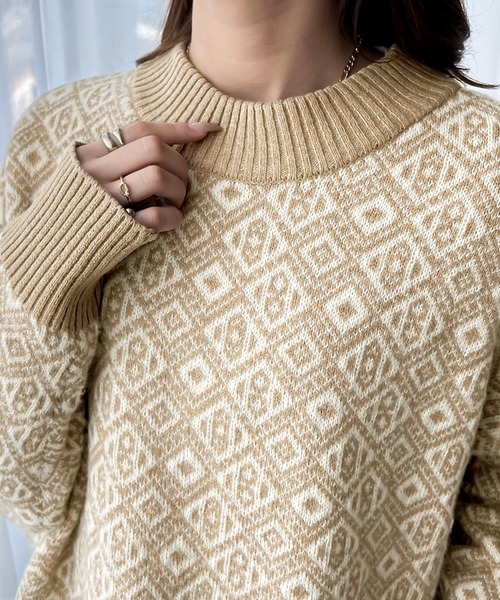 セール】華やぐレトロ。2way幾何学柄ジャガードヘンリーニットプル