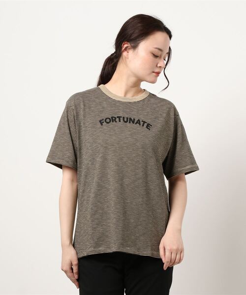 Samansa Mos2（サマンサ モスモス）の「ミジンボーダーロゴプリントTシャツ（Tシャツ/カットソー・レディース・ベージュ/ネイビー/グレー/オフホワイト・ﾌﾘ-）」の4枚目の写真