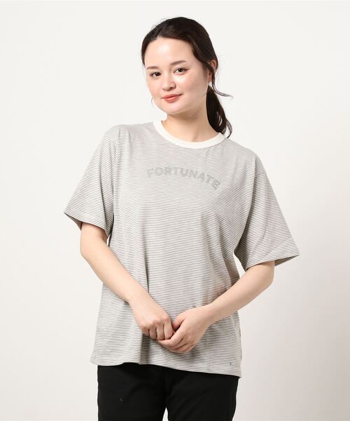 Samansa Mos2（サマンサ モスモス）の「ミジンボーダーロゴプリントTシャツ（Tシャツ/カットソー・レディース・ベージュ/ネイビー/グレー/オフホワイト・ﾌﾘ-）」の3枚目の写真