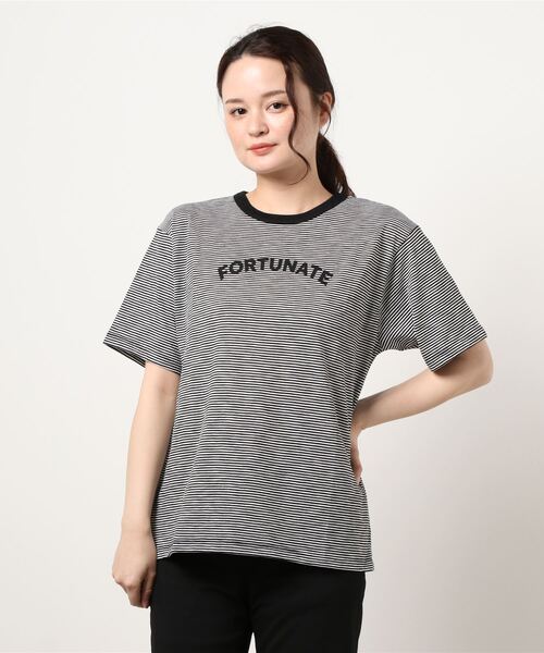 Samansa Mos2（サマンサ モスモス）の「ミジンボーダーロゴプリントTシャツ（Tシャツ/カットソー・レディース・ベージュ/ネイビー/グレー/オフホワイト・ﾌﾘ-）」の2枚目の写真