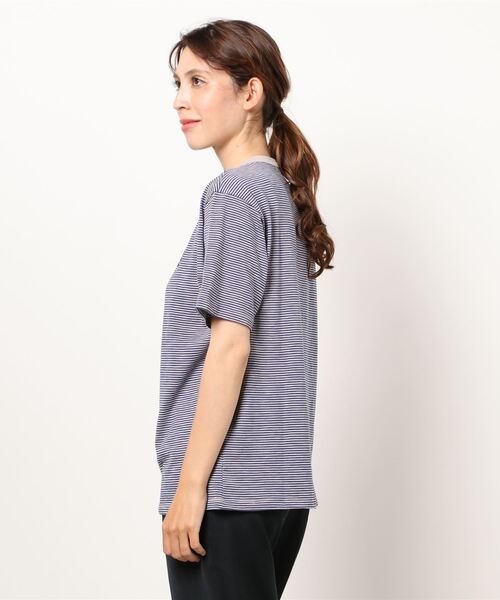 Samansa Mos2（サマンサ モスモス）の「ミジンボーダーロゴプリントTシャツ（Tシャツ/カットソー・レディース・ベージュ/ネイビー/グレー/オフホワイト・ﾌﾘ-）」の6枚目の写真
