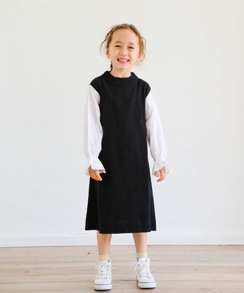 pairmanon（ペアマノン）の「【ママとおそろい】 シャツレイヤード長袖ニットワンピース（ワンピース・キッズ・ブラック/ブラウン/モカ・90/100/110/120/130/140/150）」の9枚目の写真