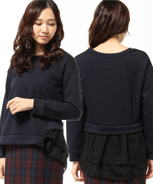 DISCOAT(ディスコート)の「【Discoat】裏毛裾レースプルオーバー(Tシャツ/カットソー・レディース・クリーム/グレー/ネイビー・フリ-)」の1枚目の写真