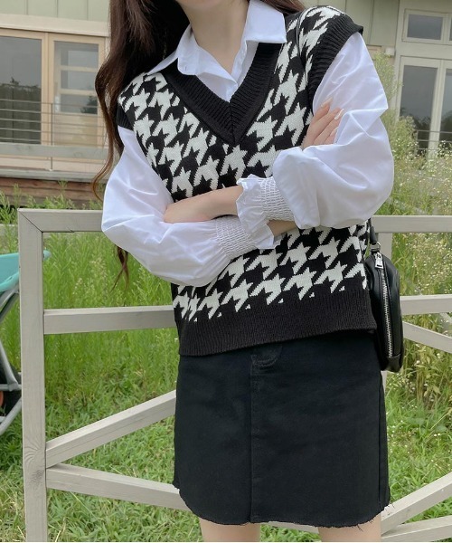 SONA（ソナ）の「SONYUNARA [SET]シャツ+ハウンドトゥース柄ニットベスト（シャツ/ブラウス・レディース・ブラック/ミント・FREE）」の18枚目の写真