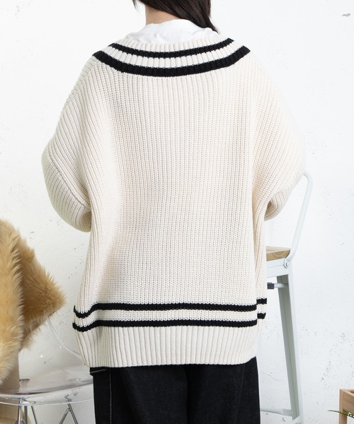 PairPair（ペアペア）の「チルデンニットプルオーバー(ユニセックス)（ニット/セーター・レディース・グリーン/アイボリー/グレイッシュブルー・FREE）」の12枚目の写真