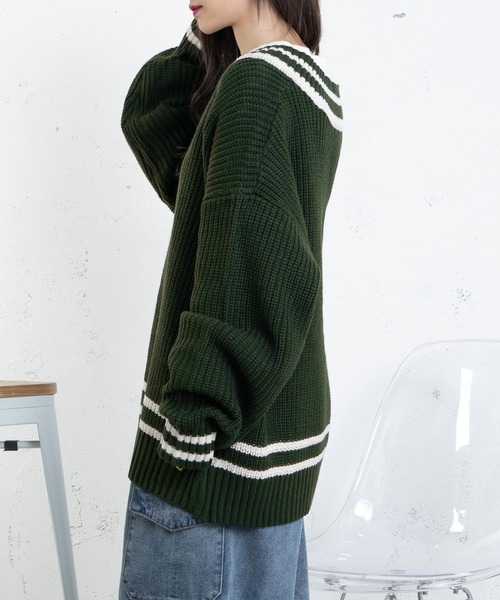 PairPair（ペアペア）の「チルデンニットプルオーバー(ユニセックス)（ニット/セーター・レディース・グリーン/アイボリー/グレイッシュブルー・FREE）」の17枚目の写真