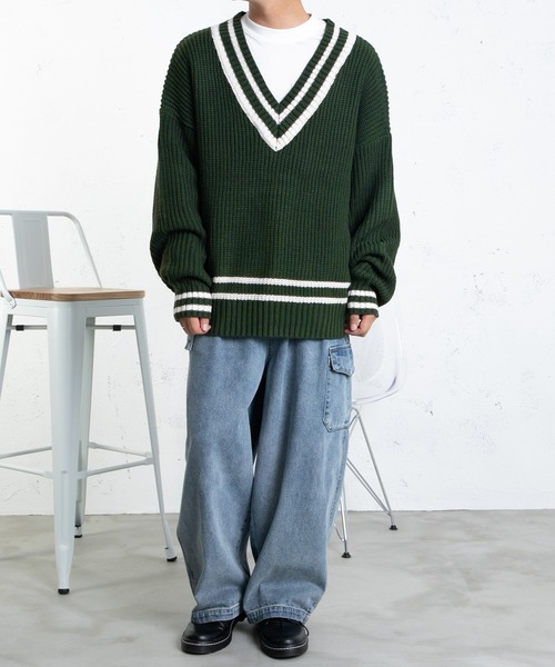 PairPair（ペアペア）の「チルデンニットプルオーバー(ユニセックス)（ニット/セーター・レディース・グリーン/アイボリー/グレイッシュブルー・FREE）」の22枚目の写真