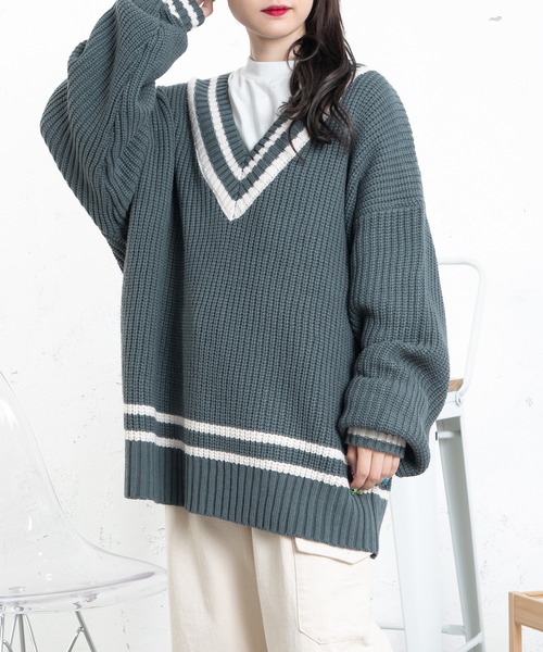 PairPair（ペアペア）の「チルデンニットプルオーバー(ユニセックス)（ニット/セーター・レディース・グリーン/アイボリー/グレイッシュブルー・FREE）」の18枚目の写真