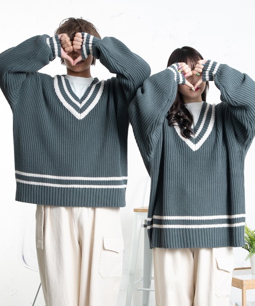 PairPair（ペアペア）の「チルデンニットプルオーバー(ユニセックス)（ニット/セーター・レディース・グリーン/アイボリー/グレイッシュブルー・FREE）」の19枚目の写真