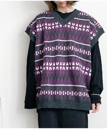 幾何学柄 ジャガードニットベスト