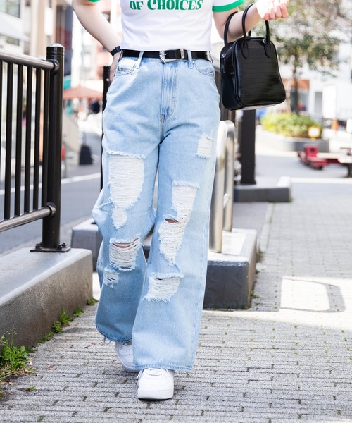 WEGO(ウィゴー)の「WEGO/ダメージワイドストレートパンツ(デニムパンツ・レディース・ホワイト/ブラック/その他1/ブラック系その他/ライトインディゴブルー・SMALL/MEDIUM/LARGE)」の19枚目の写真