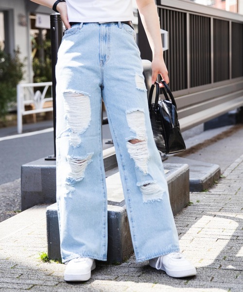 WEGO(ウィゴー)の「WEGO/ダメージワイドストレートパンツ(デニムパンツ・レディース・ホワイト/ブラック/その他1/ブラック系その他/ライトインディゴブルー・SMALL/MEDIUM/LARGE)」の20枚目の写真