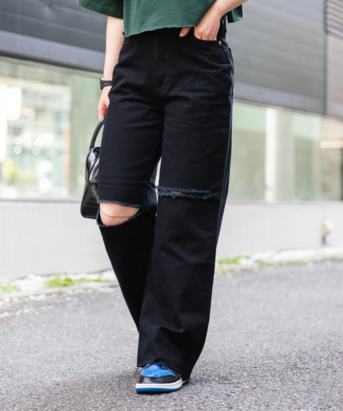 WEGO(ウィゴー)の「WEGO/ダメージワイドストレートパンツ(デニムパンツ・レディース・ホワイト/ブラック/その他1/ブラック系その他/ライトインディゴブルー・SMALL/MEDIUM/LARGE)」の15枚目の写真