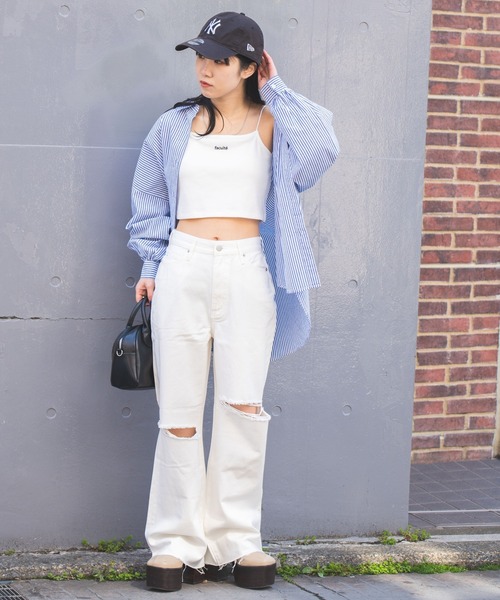 WEGO(ウィゴー)の「WEGO/ダメージワイドストレートパンツ(デニムパンツ・レディース・ホワイト/ブラック/その他1/ブラック系その他/ライトインディゴブルー・SMALL/MEDIUM/LARGE)」の6枚目の写真