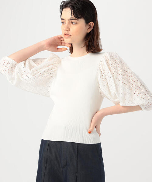 BALLSEY（ボールジィ）の「マテリアルコンビ パフスリーブプルオーバー（ニット/セーター・レディース・オレンジ/ホワイト/ダークブラウン・S）」の2枚目の写真