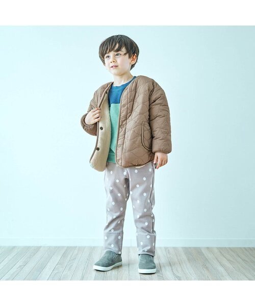 apres les cours(アプレレクール)の「【洗濯機でお洗濯OK】リバーシブルボアジャケット_ウォッシャブル(ノーカラージャケット・キッズ・ブラウン/ピンク/ミント・110/120/80/130/140/90/100)」の4枚目の写真