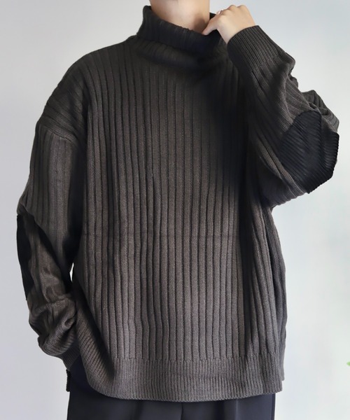 Stone /エルボーパッチ/ハイネックハーフジップ/ニット/黒/L WONDER WONDER（ワンダーワンダー）の「エルボーパッチ ハイネック
